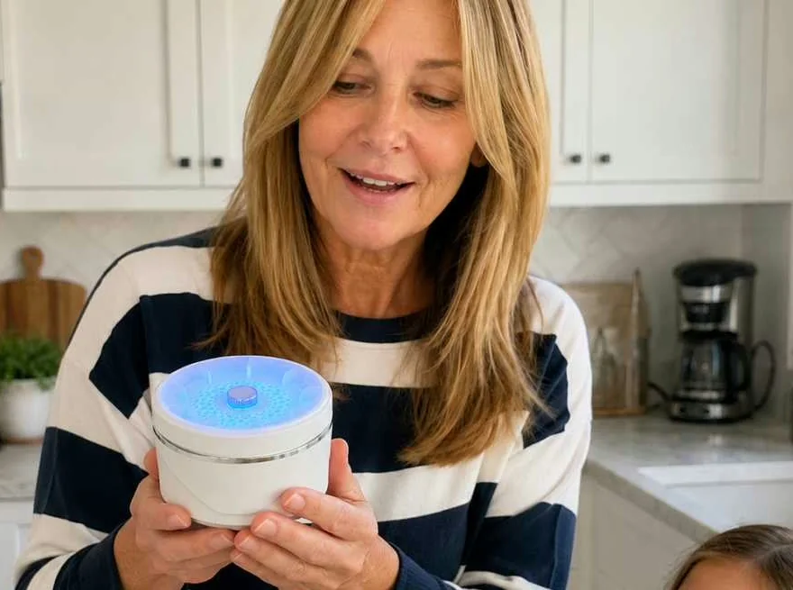 Femme tenant l'appareil PuriEasy allumé dans un bol, debout dans sa cuisine