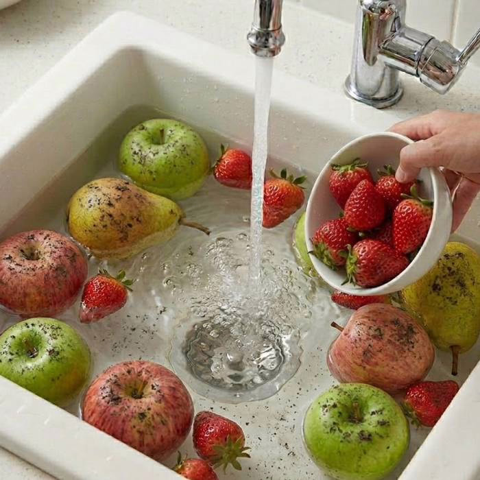 Évier rempli d'eau courante avec des pommes, des poires et des fraises prêtes à être lavées