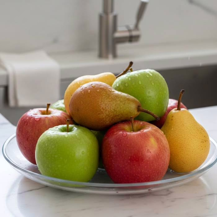 Coupe en verre garnie de pommes et de poires propres posée sur un plan de travail clair